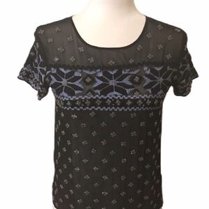 Gryphon beaded blouse large blue/ Black Embroidered Top with Blue/White Accents